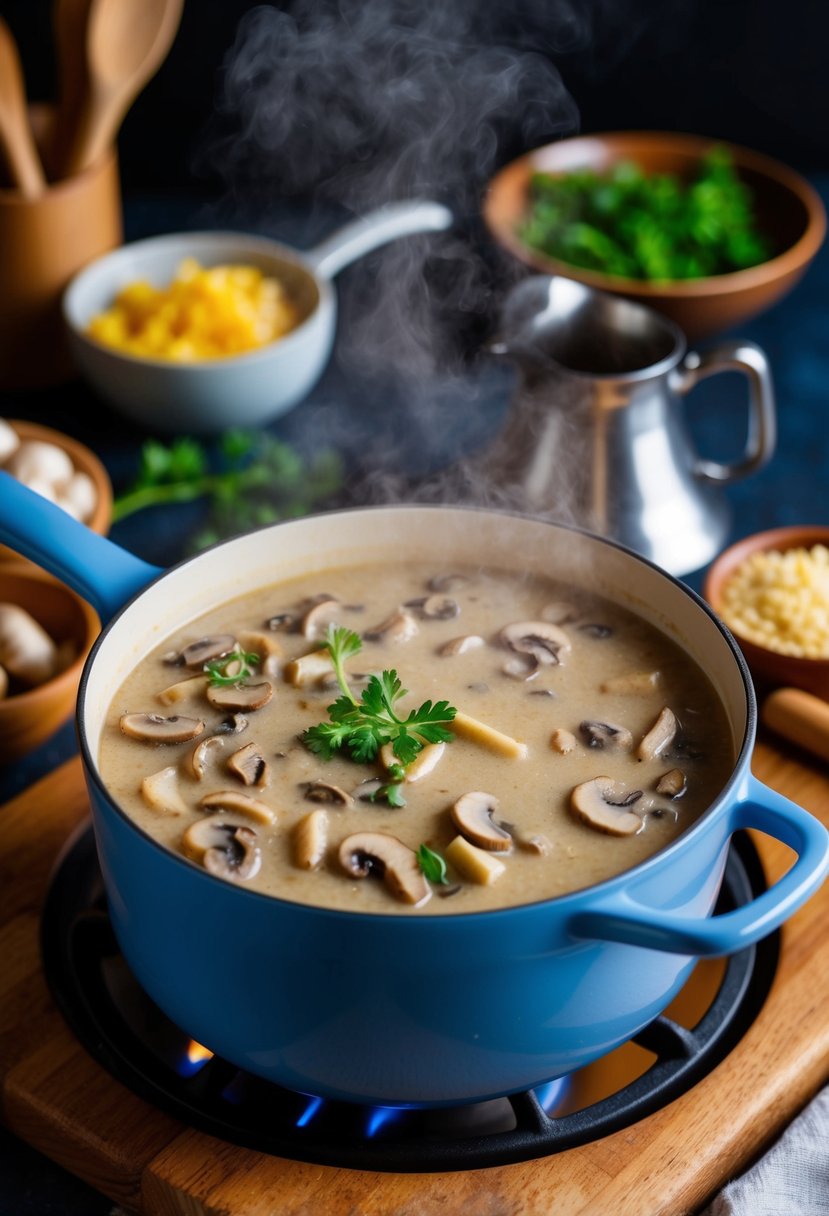 A bubbling pot of rich mushroom and yeast gravy simmers on a rustic wooden stove, surrounded by fresh ingredients and cooking utensils