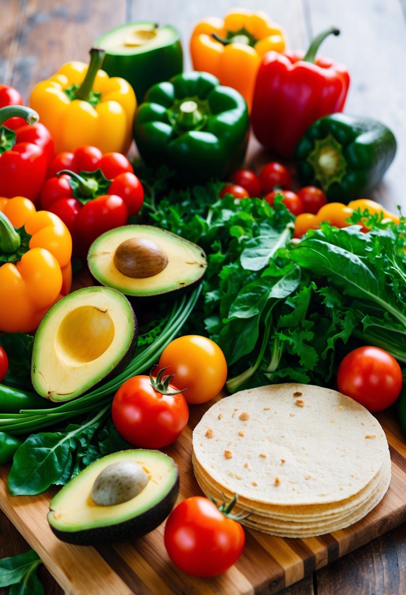 A colorful array of fresh vegetables, including bell peppers, tomatoes, avocados, and leafy greens, arranged on a wooden cutting board next to a stack of soft corn tortillas