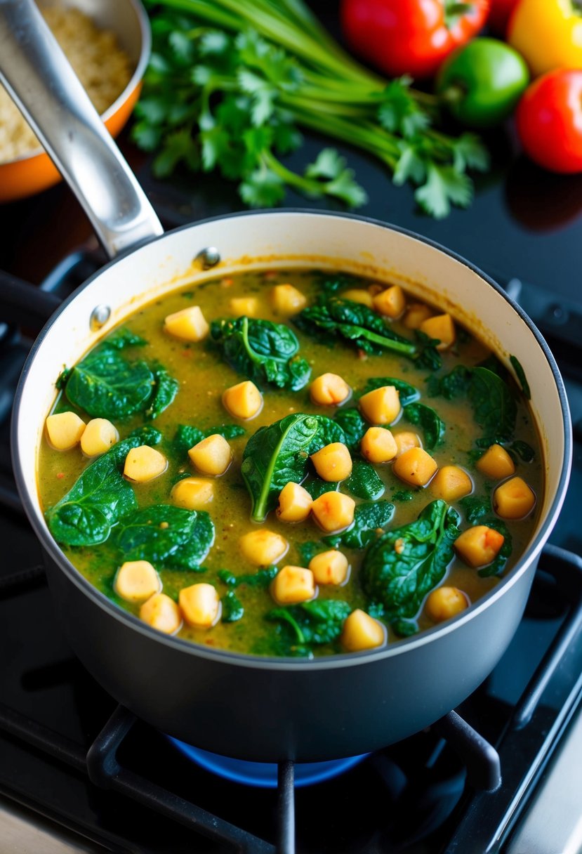 A simmering pot of spinach and chickpea stew on a stovetop, surrounded by colorful vegetables and spices