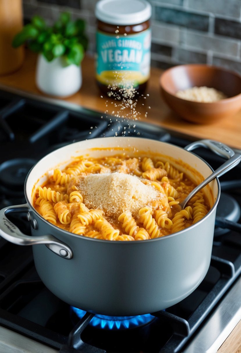 A pot of creamy vegan pasta sauce simmers on the stove, with a sprinkle of brewers yeast adding depth to the recipe