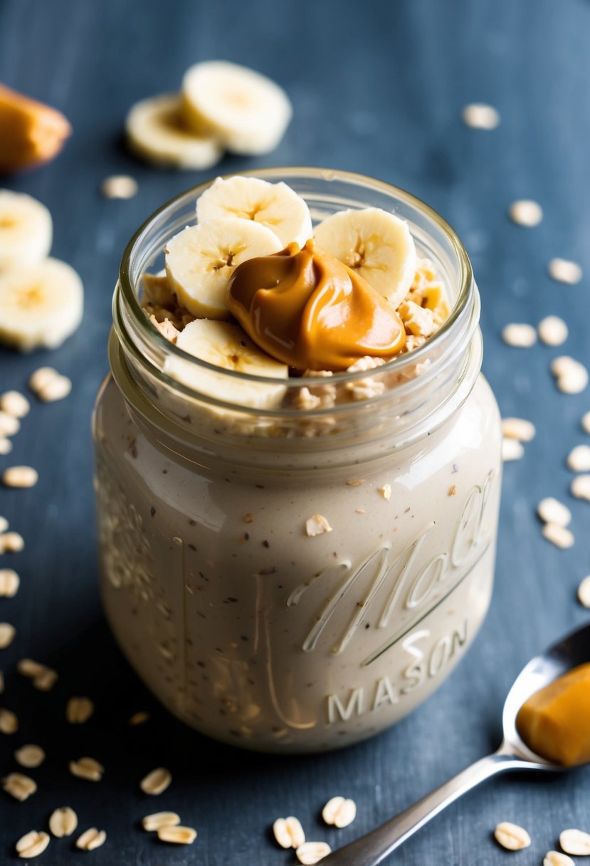 A mason jar filled with creamy oats, topped with sliced bananas and a dollop of peanut butter, surrounded by scattered oats and a spoon