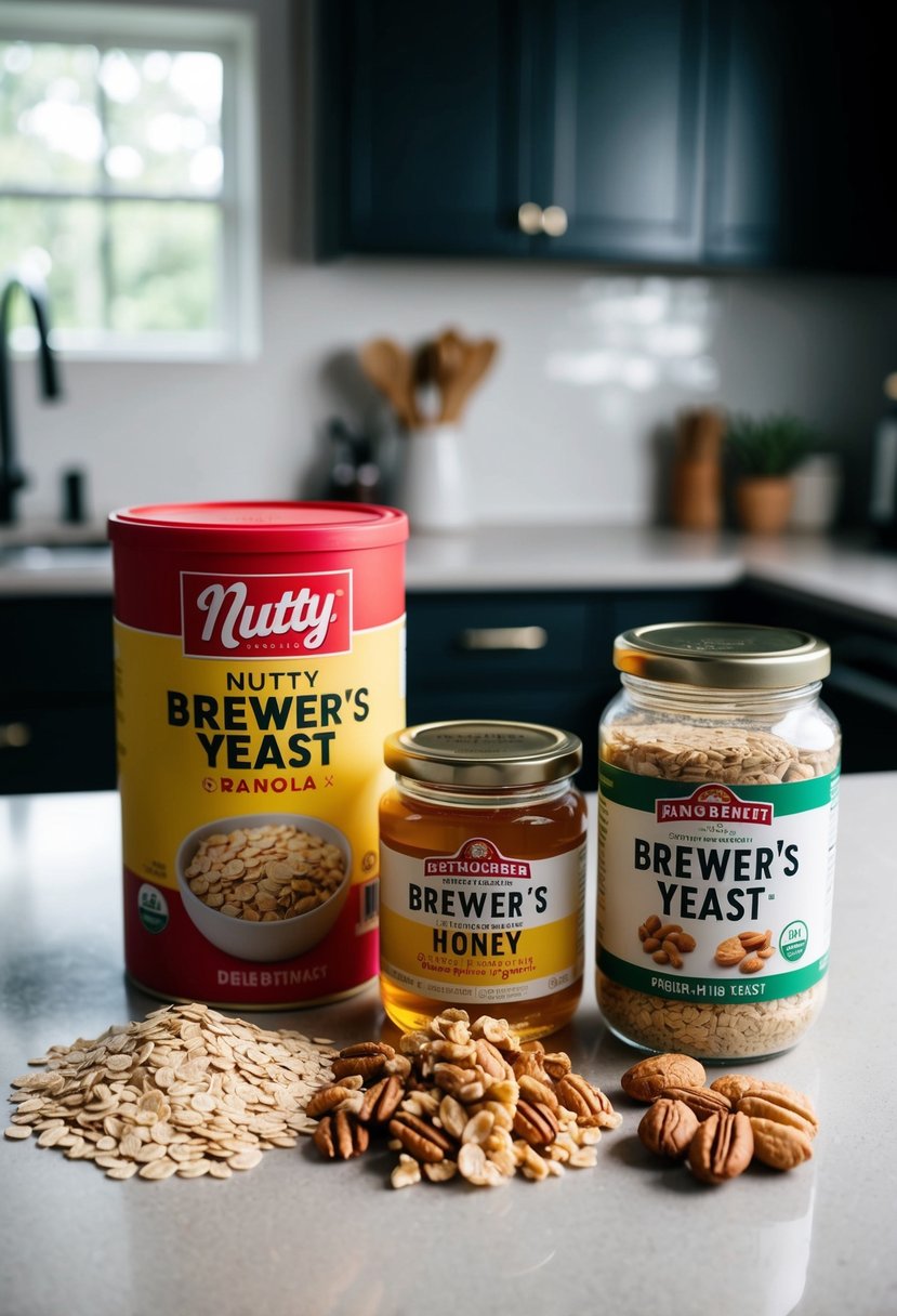 A kitchen counter with assorted ingredients for nutty brewer's yeast granola bars: oats, nuts, honey, and a jar of brewer's yeast