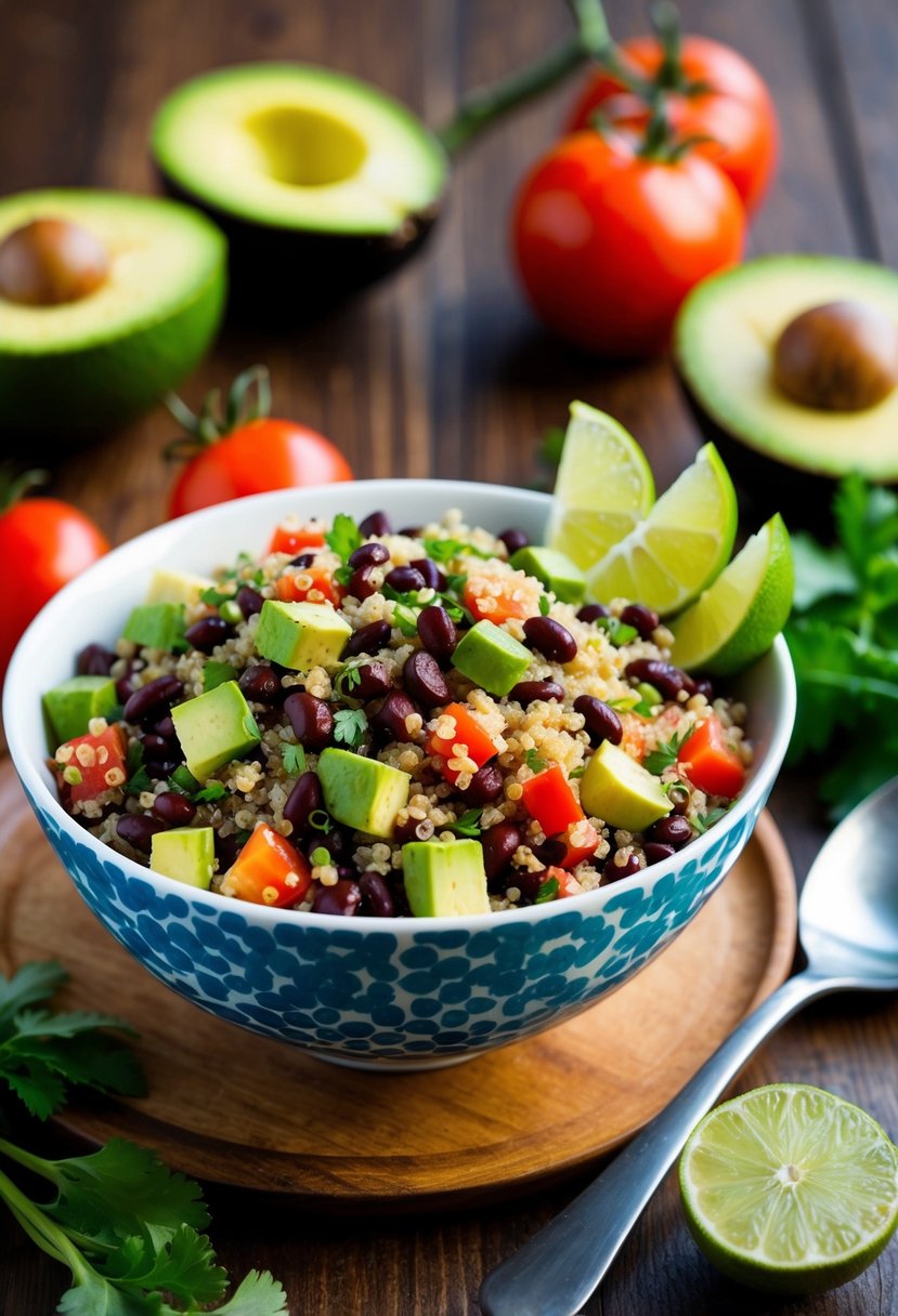 A colorful bowl of black bean quinoa salad surrounded by fresh ingredients like tomatoes, avocado, and lime wedges on a wooden table