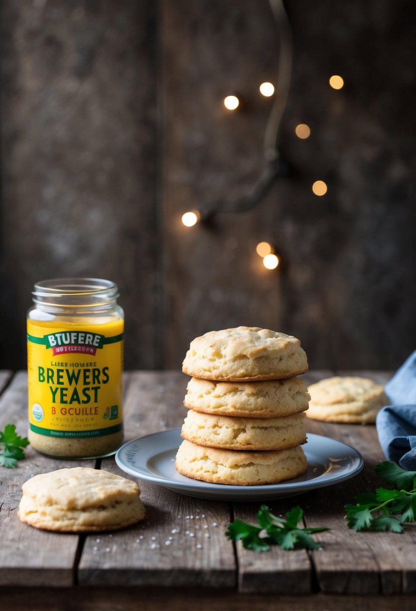 A rustic kitchen table set with freshly baked garlic yeast biscuits and a jar of brewers yeast