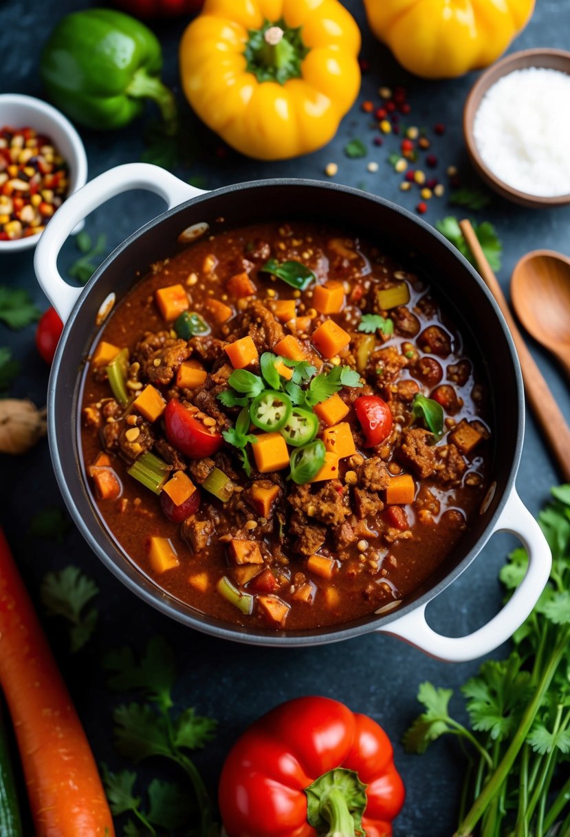 A bubbling pot of vegan chili surrounded by colorful vegetables and spices