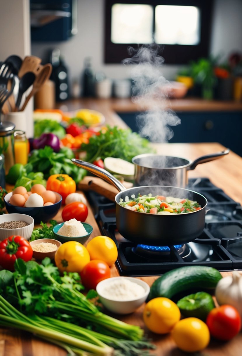 A colorful array of fresh ingredients and kitchen utensils scattered on a wooden countertop. A steaming pot bubbles on the stove, emitting delicious aromas