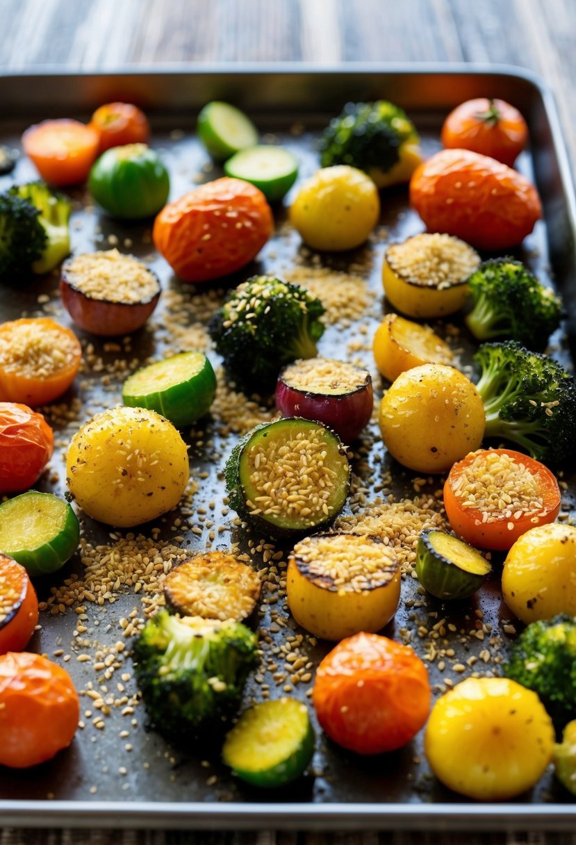 A colorful array of roasted vegetables, sprinkled with hearty brewers yeast, sizzling on a baking tray