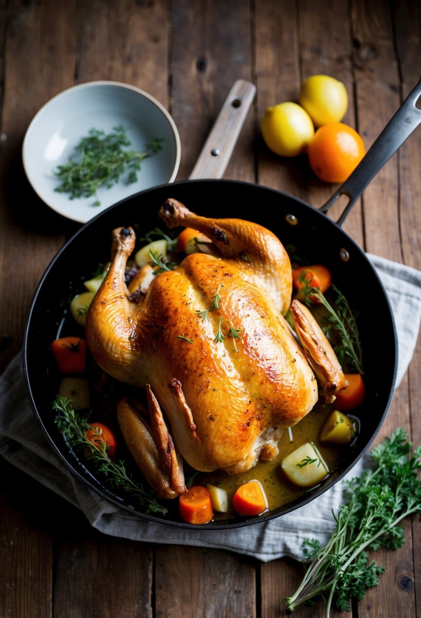 A golden-brown roast chicken, surrounded by herbs and vegetables, sizzling in a roasting pan on a rustic wooden table