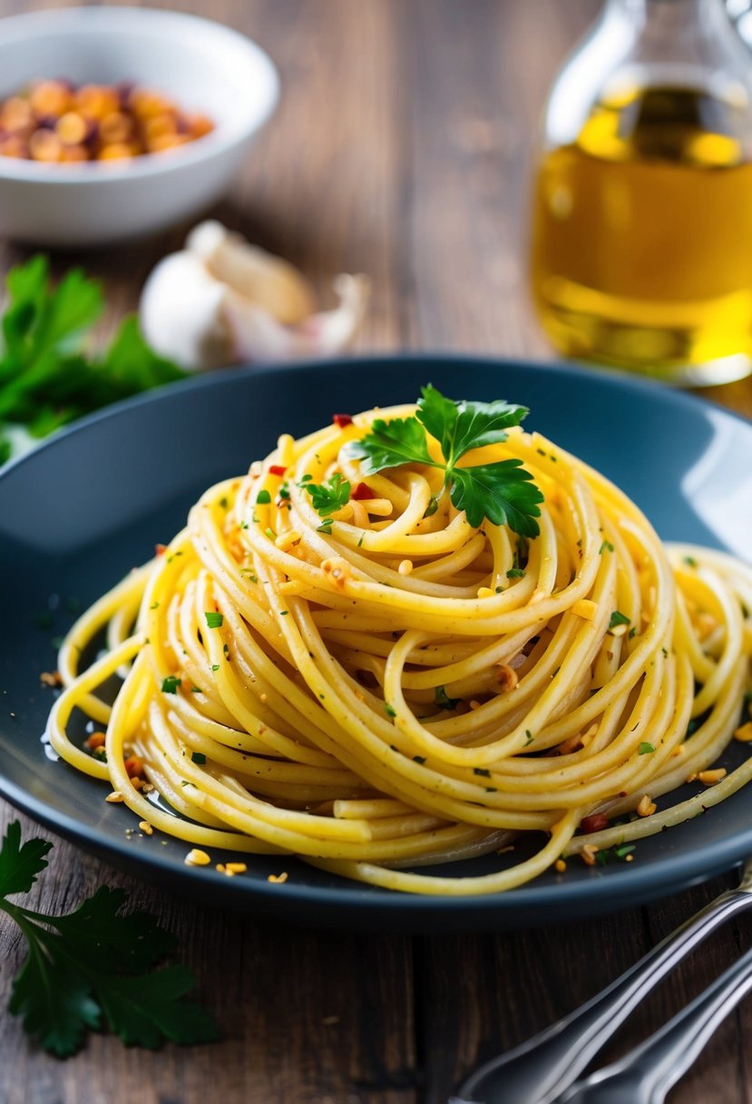 A steaming plate of spaghetti with garlic, olive oil, and red pepper flakes, garnished with fresh parsley