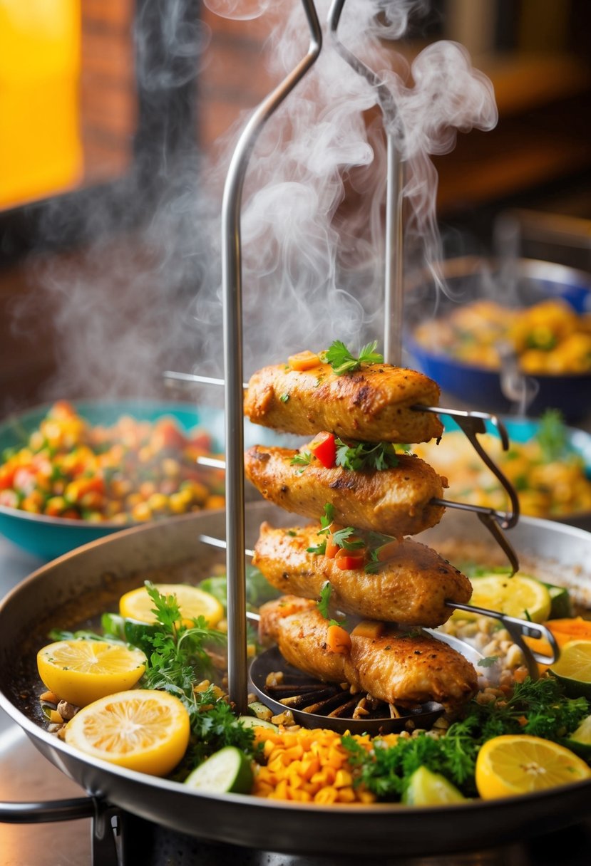 A sizzling chicken shawarma rotates on a vertical spit, surrounded by colorful vegetables and herbs. Steam rises as the aroma of Middle Eastern spices fills the air