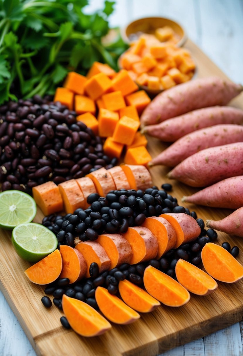 A colorful array of sweet potato, black beans, and other fresh ingredients arranged on a wooden cutting board