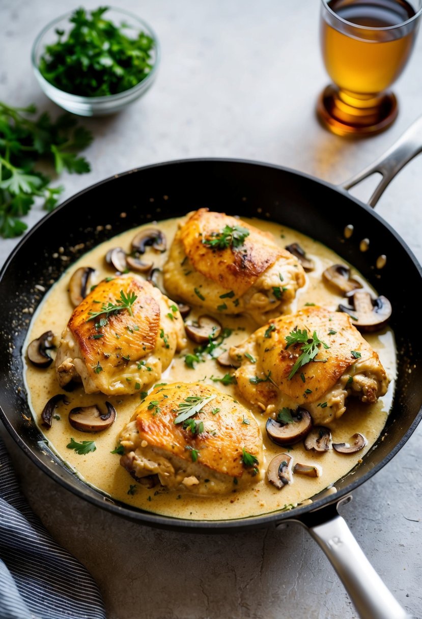 A sizzling skillet of creamy chicken Marsala with sautéed mushrooms and fresh herbs