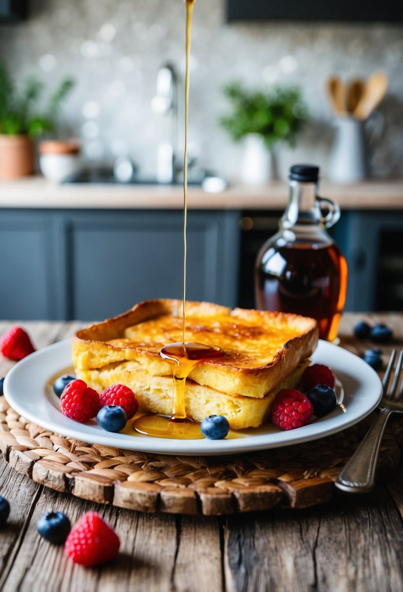 A rustic kitchen table set with a golden-brown baked French toast casserole, surrounded by fresh berries and a drizzle of maple syrup