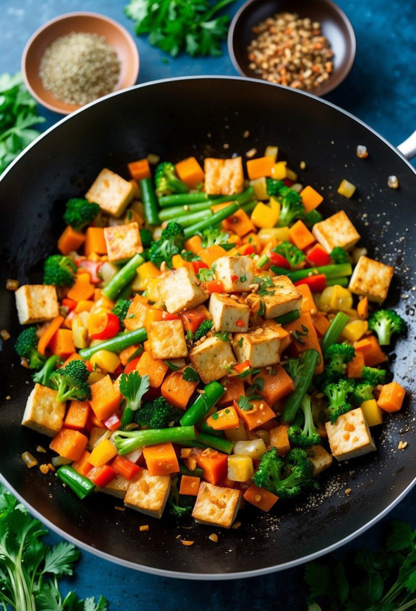 A sizzling wok filled with colorful vegetables and tofu, surrounded by an array of fresh herbs and spices