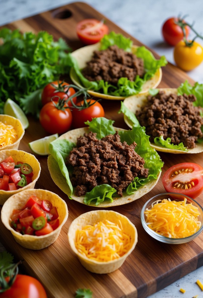 A colorful array of fresh ingredients: ground beef, lettuce, tomatoes, cheese, and taco shells arranged on a wooden cutting board