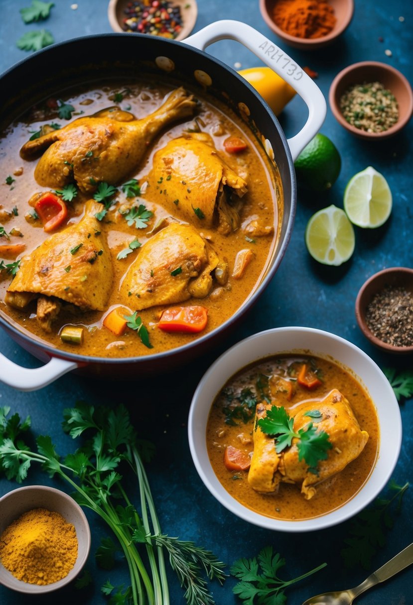 A bubbling pot of aromatic chicken curry surrounded by colorful spices and herbs