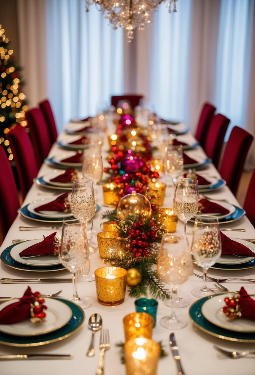 A festive dinner table set with elegant dishes and sparkling glasses, surrounded by colorful decorations and a warm, inviting atmosphere