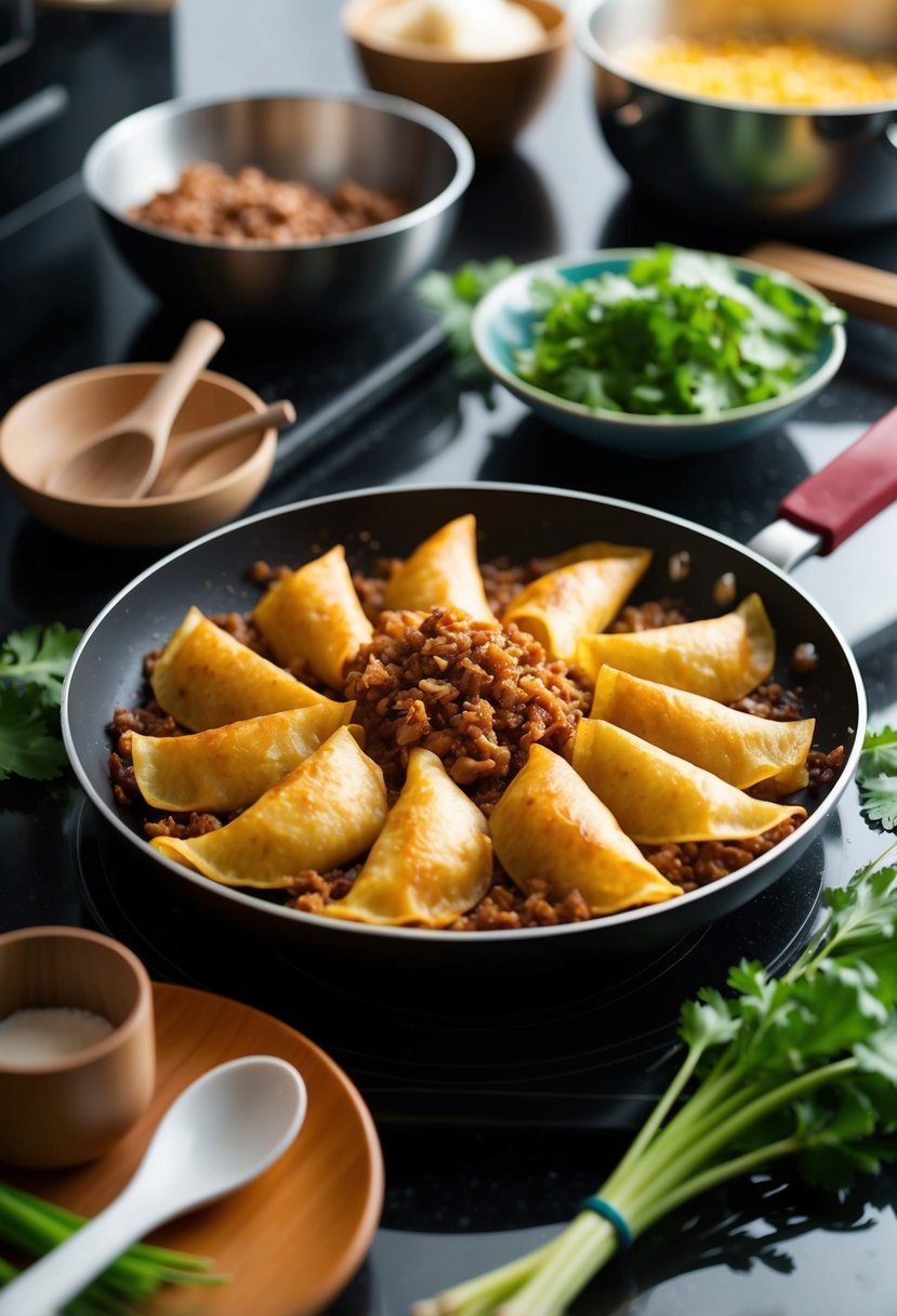 A sizzling pan of golden lumpia shanghai, filled with seasoned ground pork, surrounded by fresh ingredients and cooking utensils on a kitchen counter