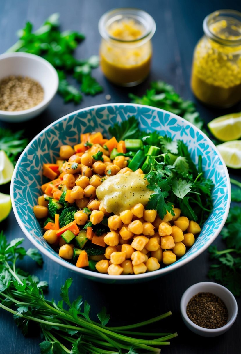 A colorful bowl filled with chickpeas, mixed vegetables, and a tangy dressing, surrounded by fresh herbs and spices