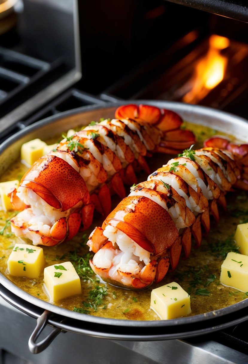 Two succulent lobster tails sizzling under the broiler, surrounded by sizzling butter and a sprinkle of fresh herbs