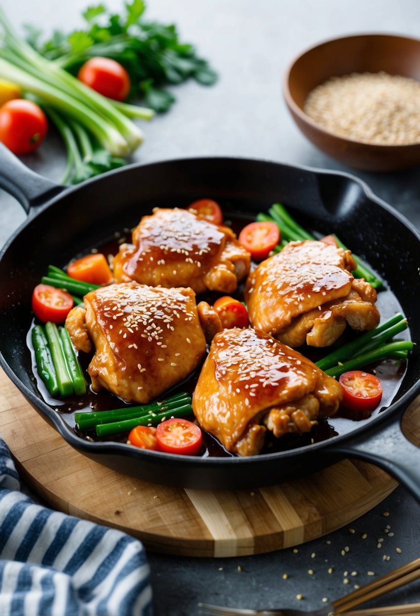 A sizzling skillet of teriyaki chicken with a glossy glaze, surrounded by fresh vegetables and a sprinkle of sesame seeds