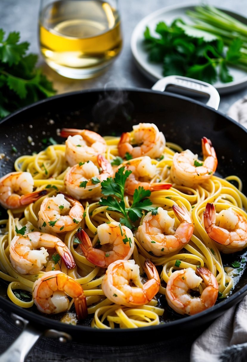 A sizzling skillet of shrimp scampi with garlic, butter, and white wine, served with a side of linguine and garnished with fresh parsley