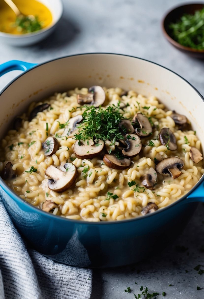 A bubbling pot of creamy mushroom risotto with a sprinkle of fresh herbs on top