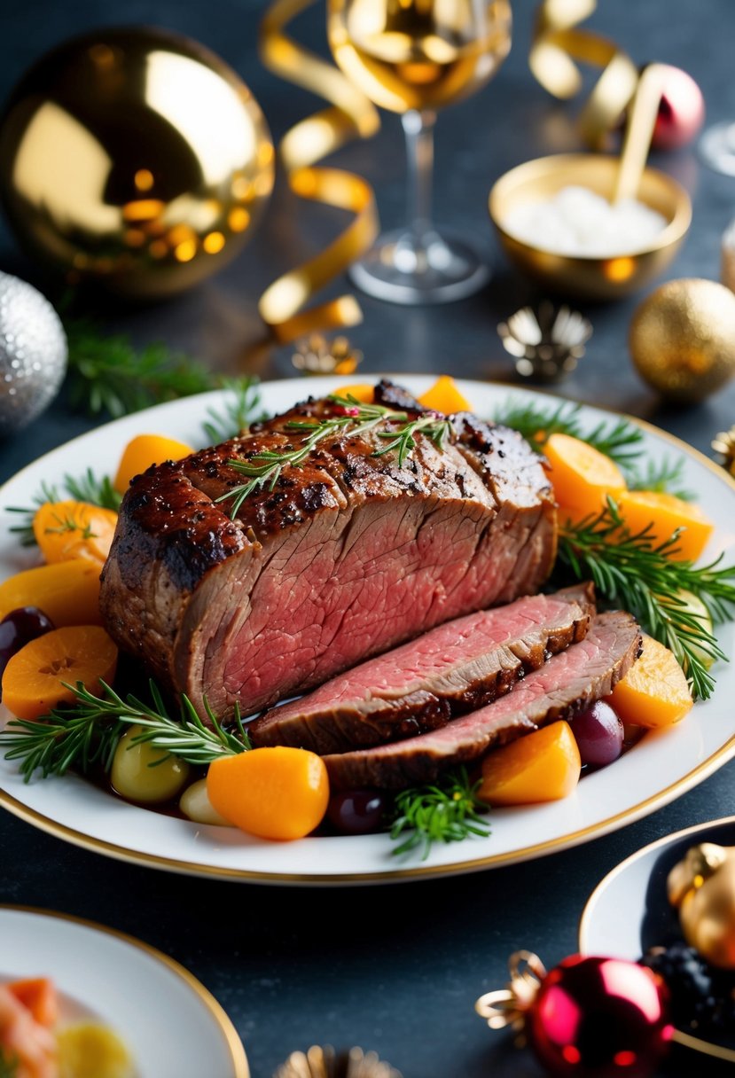 A succulent roasted beef tenderloin surrounded by festive New Year's dinner accompaniments