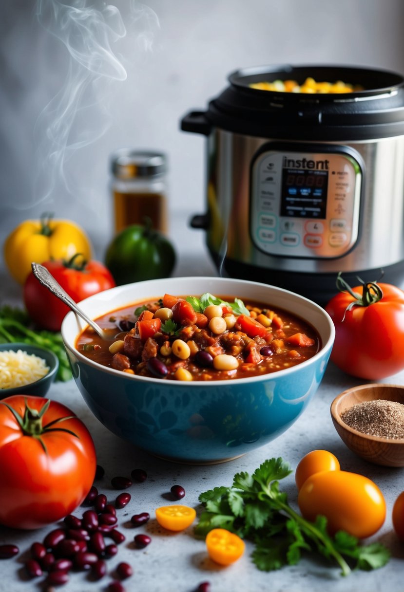 A steaming bowl of chili surrounded by colorful, fresh ingredients like tomatoes, beans, and spices, with an Instant Pot in the background