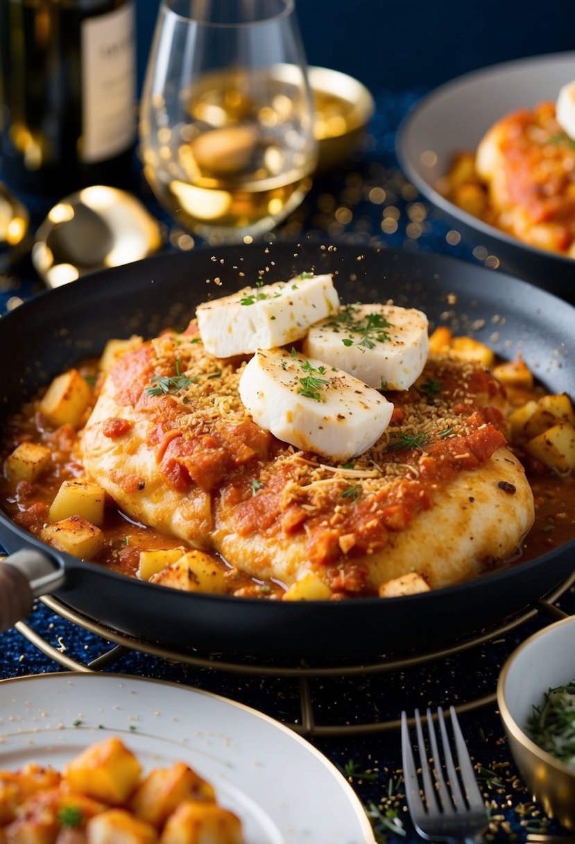 A sizzling chicken parmesan topped with golden halloumi and sprinkled with aromatic za'atar, served on a festive New Year's dinner table