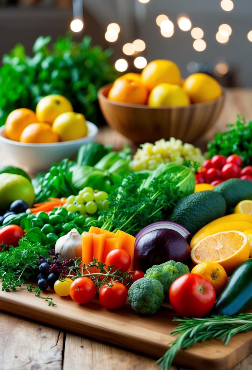 A colorful array of fresh fruits, vegetables, and herbs arranged on a wooden cutting board, with a bowl of citrus fruits in the background