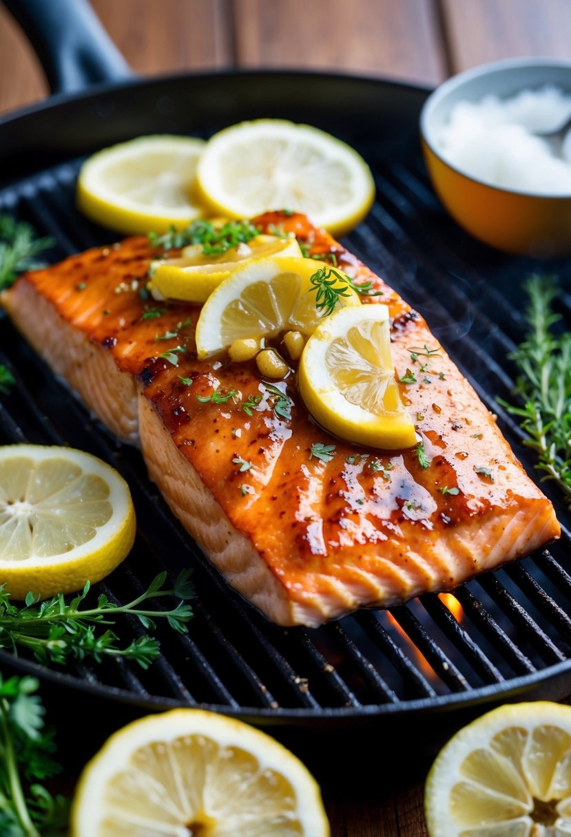 A succulent salmon fillet glazed with honey garlic sauce sizzling on a hot grill, surrounded by fresh herbs and lemon slices