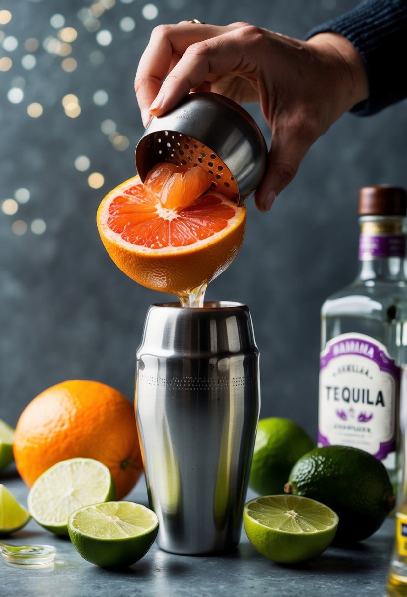 A vibrant grapefruit being squeezed into a cocktail shaker, surrounded by fresh lime, agave nectar, and a bottle of tequila