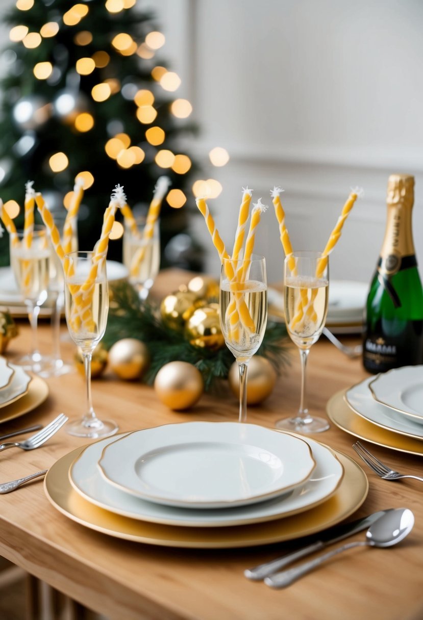 A festive table set with cheese straws, champagne, and elegant dinnerware for a New Year's celebration