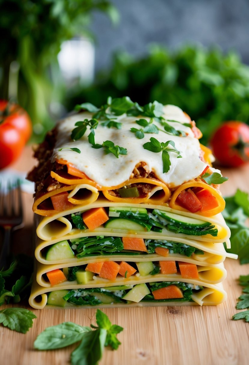 A colorful array of sliced vegetables layered between sheets of lasagna noodles, topped with melted cheese and fresh herbs