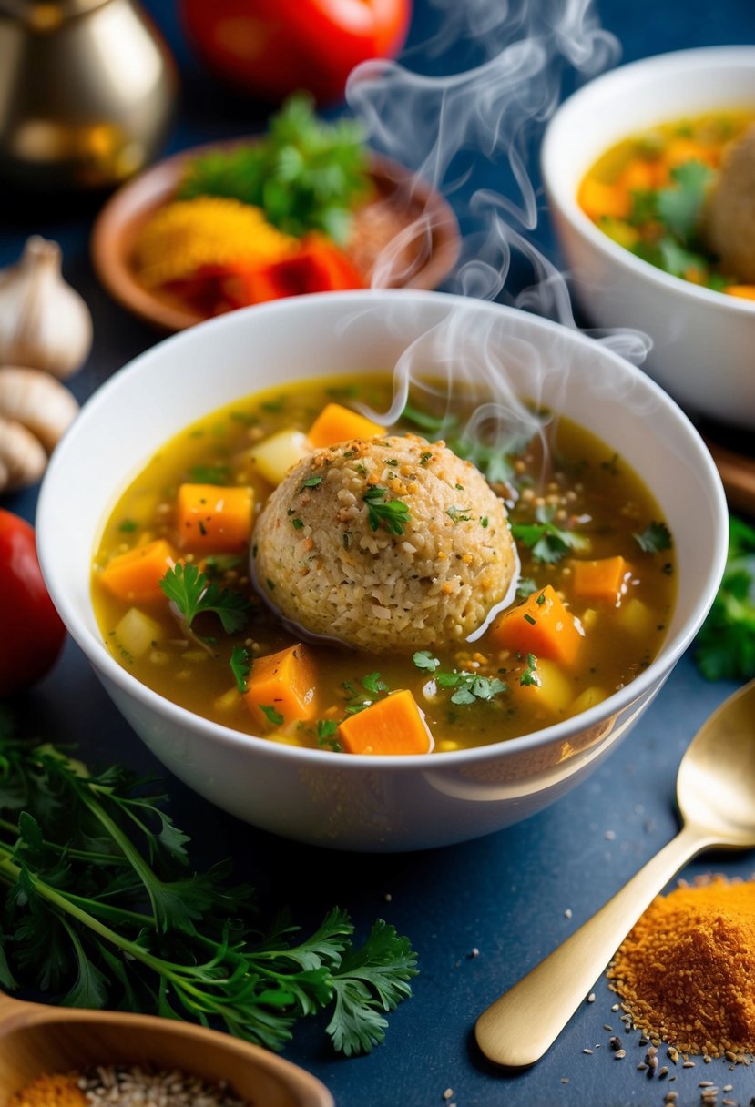 A steaming bowl of matzo ball soup surrounded by vibrant ingredients and spices