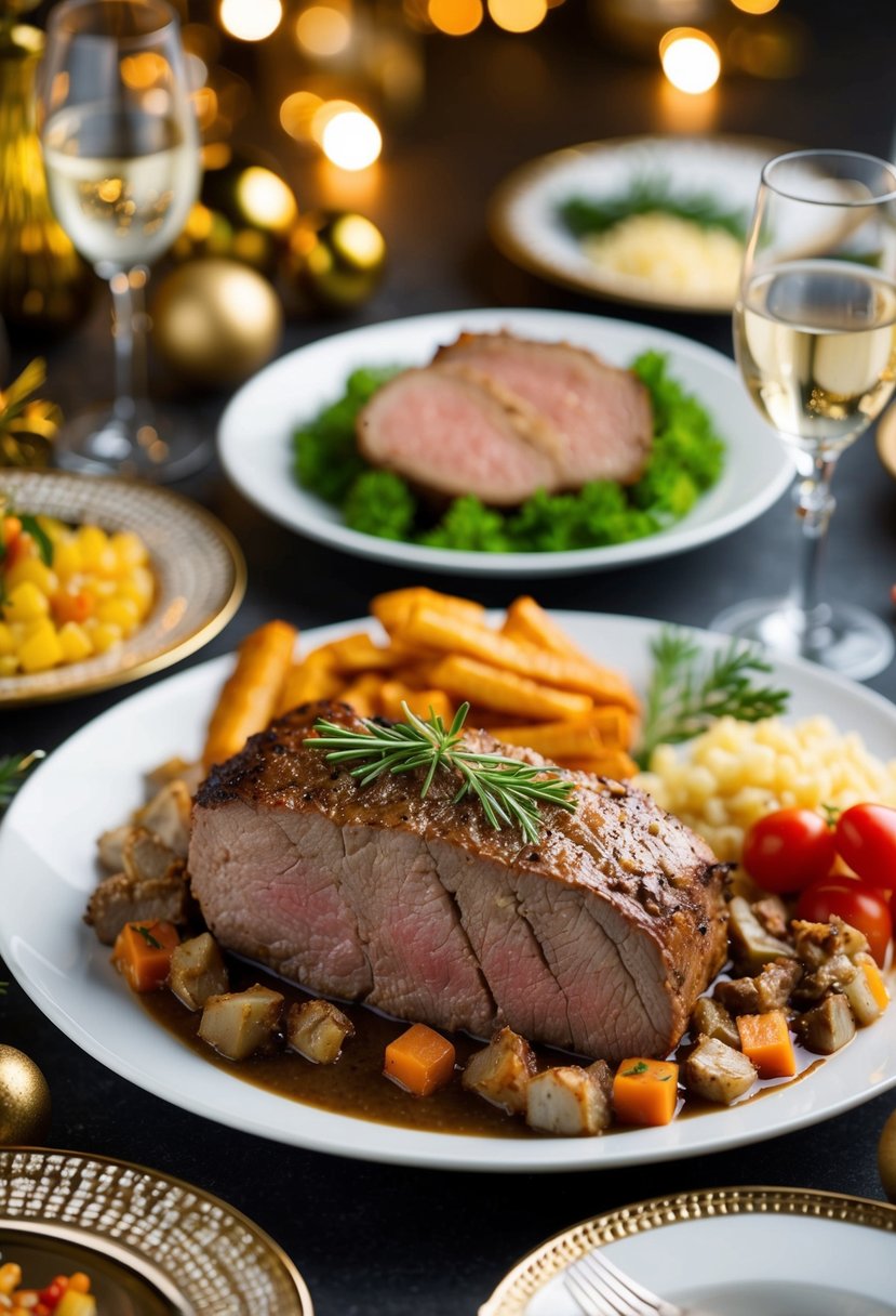 A platter of stuffed beef tenderloin surrounded by festive New Year's dinner dishes