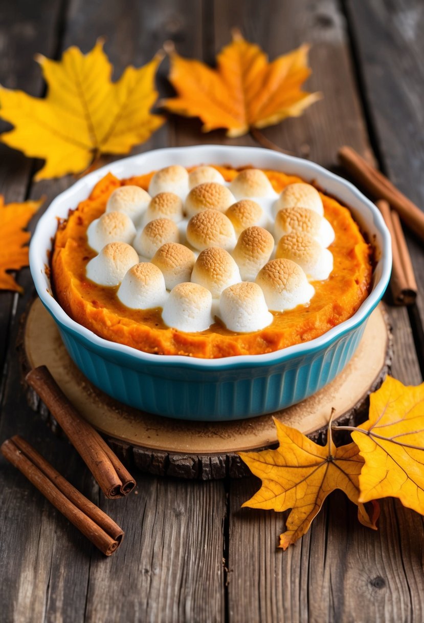 A sweet potato casserole sits on a rustic wooden table, topped with a golden, crispy marshmallow crust and surrounded by fall leaves and cinnamon sticks