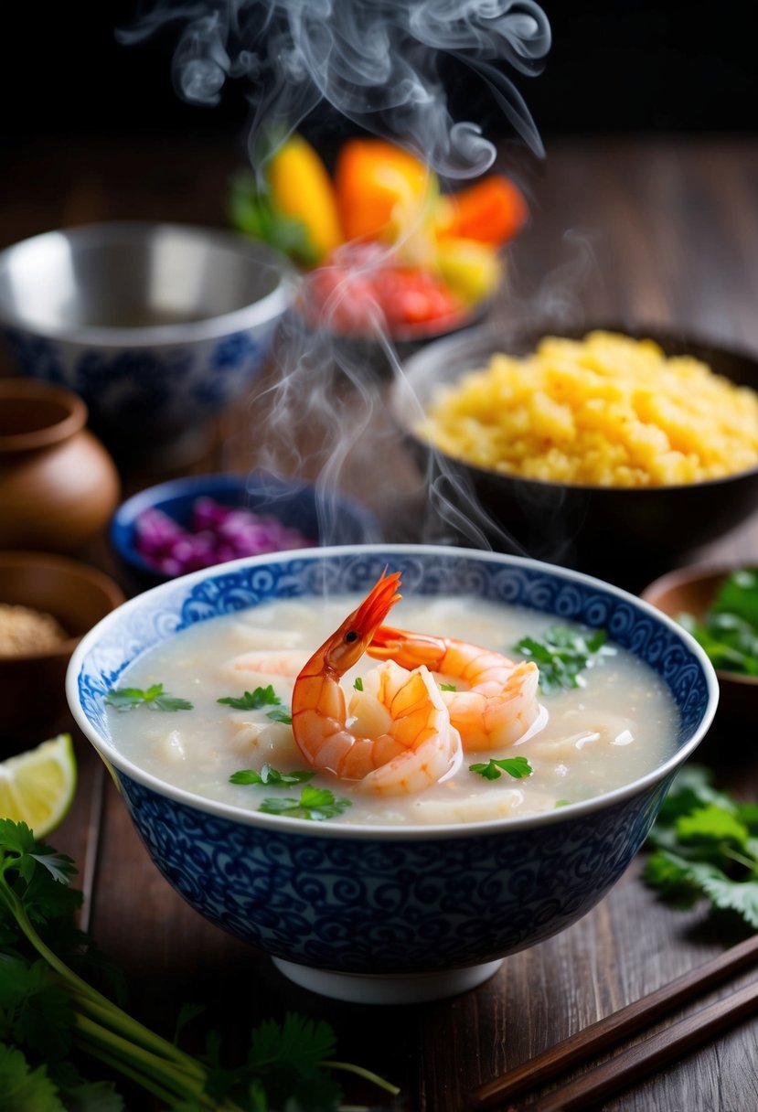 A steaming bowl of shrimp congee surrounded by vibrant ingredients and inspired by Raya and The Last Dragon zesty recipes