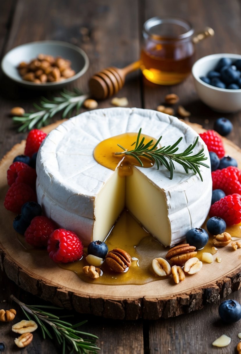 A golden wheel of brie sits on a rustic wooden board, surrounded by fresh berries, honey, and a scattering of nuts. A sprig of rosemary adds a finishing touch