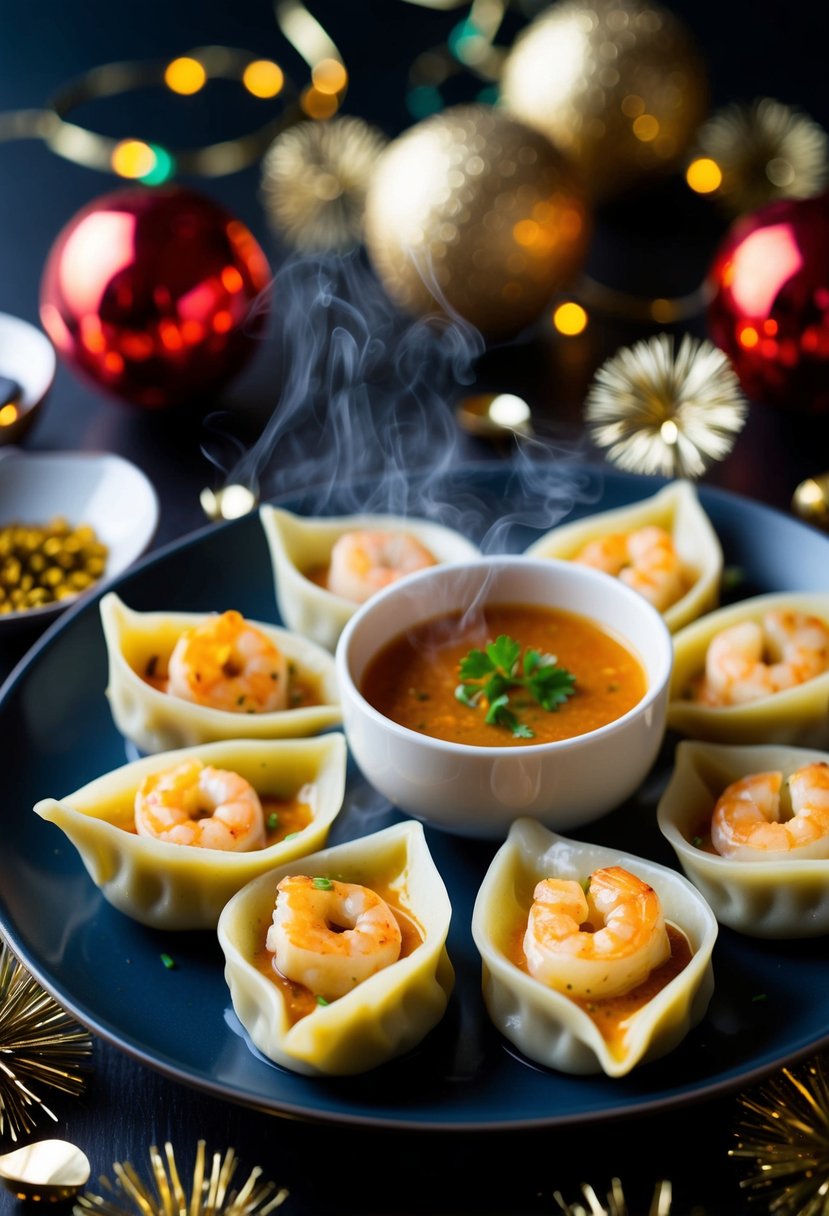 A platter of steaming shrimp dumplings with saffron shallot sauce, surrounded by festive New Year's decorations