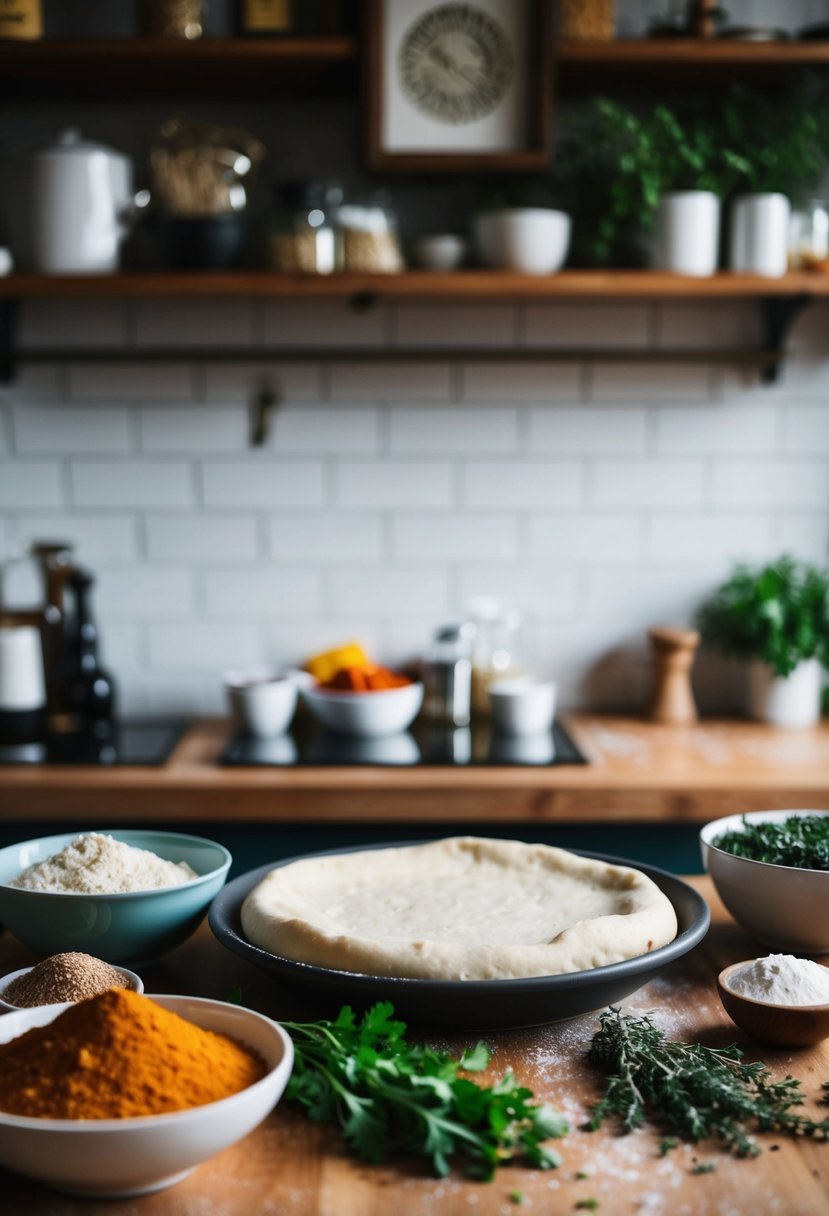 A rustic kitchen counter with ingredients and a bowl of pizza dough, surrounded by vibrant spices and herbs