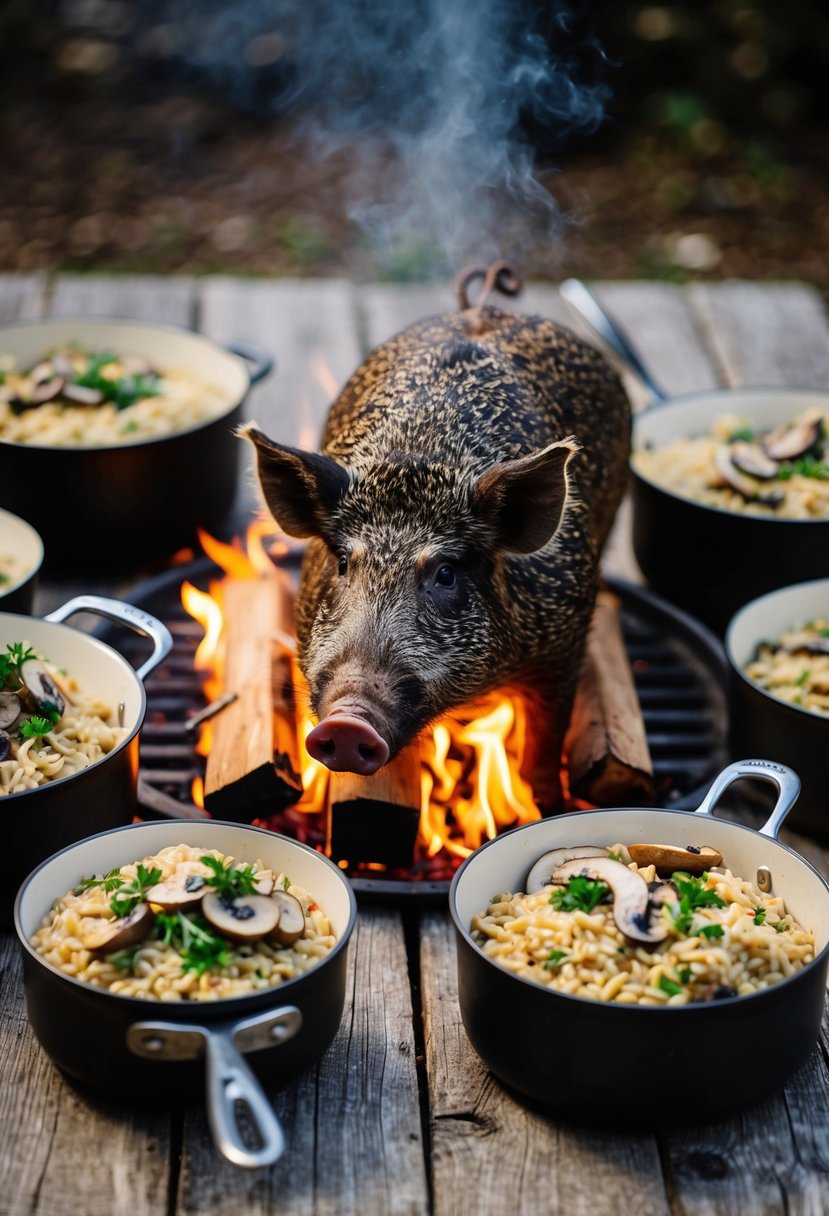 A wild boar roasting over an open fire, surrounded by pots of simmering mushroom risotto on a rustic wooden table