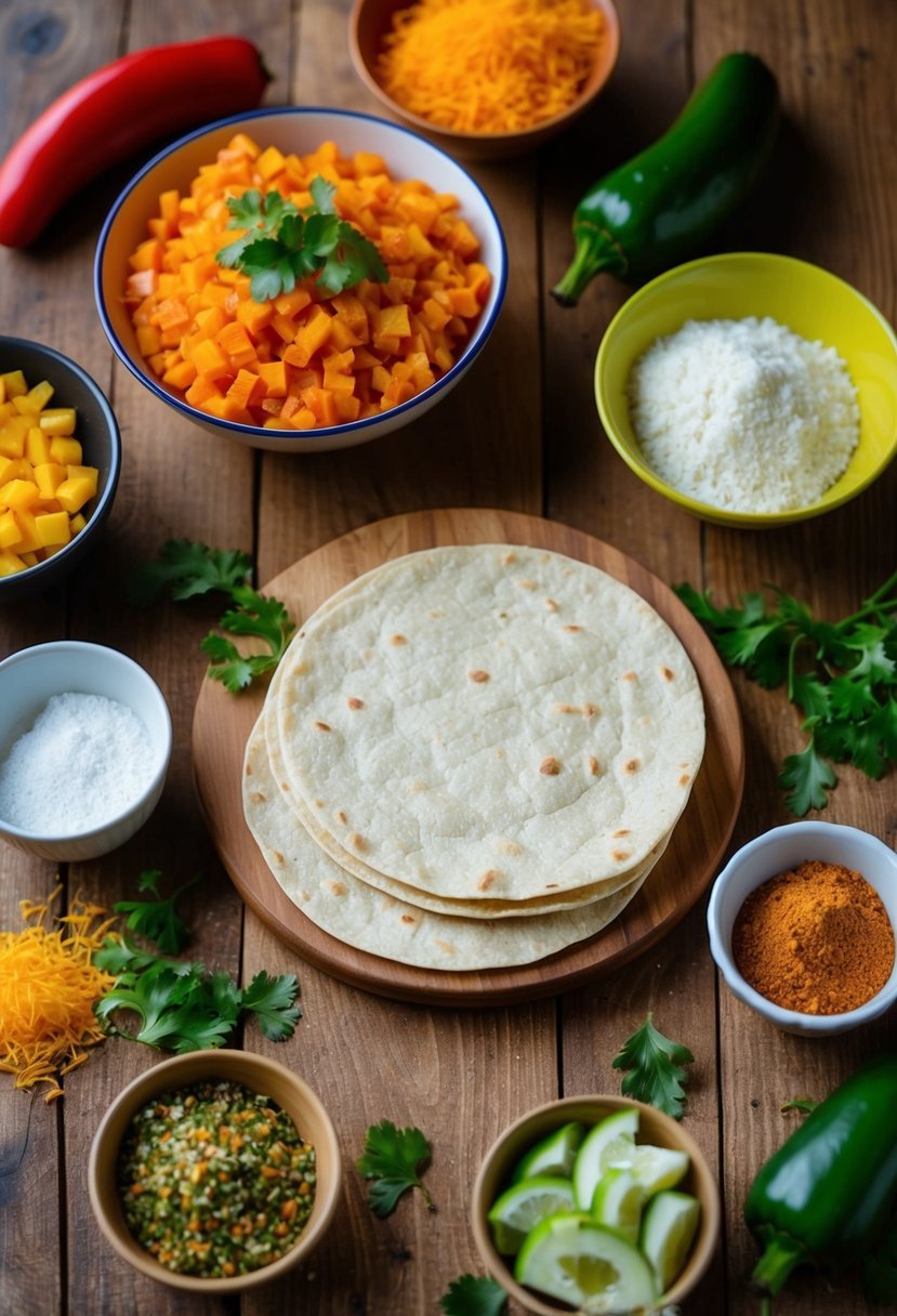 A wooden table with freshly made 8-inch homemade tortillas and zesty recipe ingredients scattered around