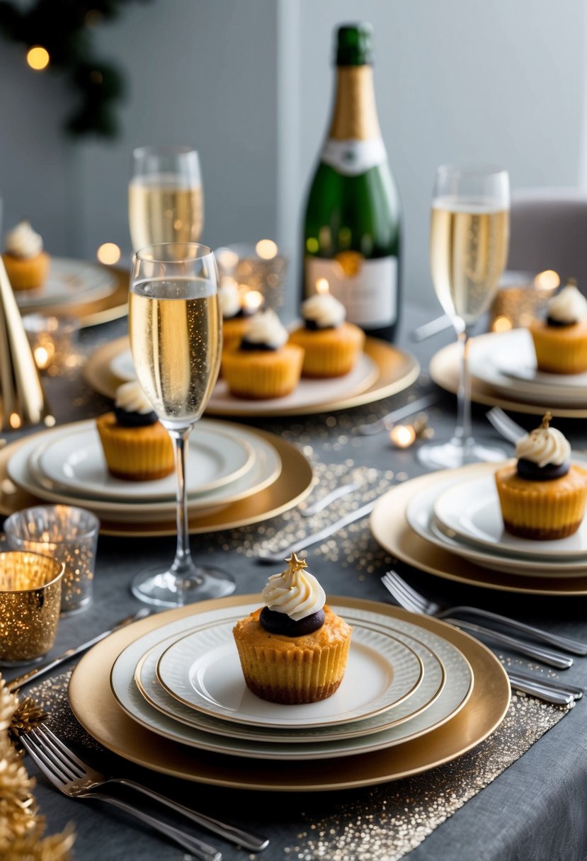 A festive table set with PB Cheesecake Bites, sparkling drinks, and elegant dinnerware for a New Year's celebration