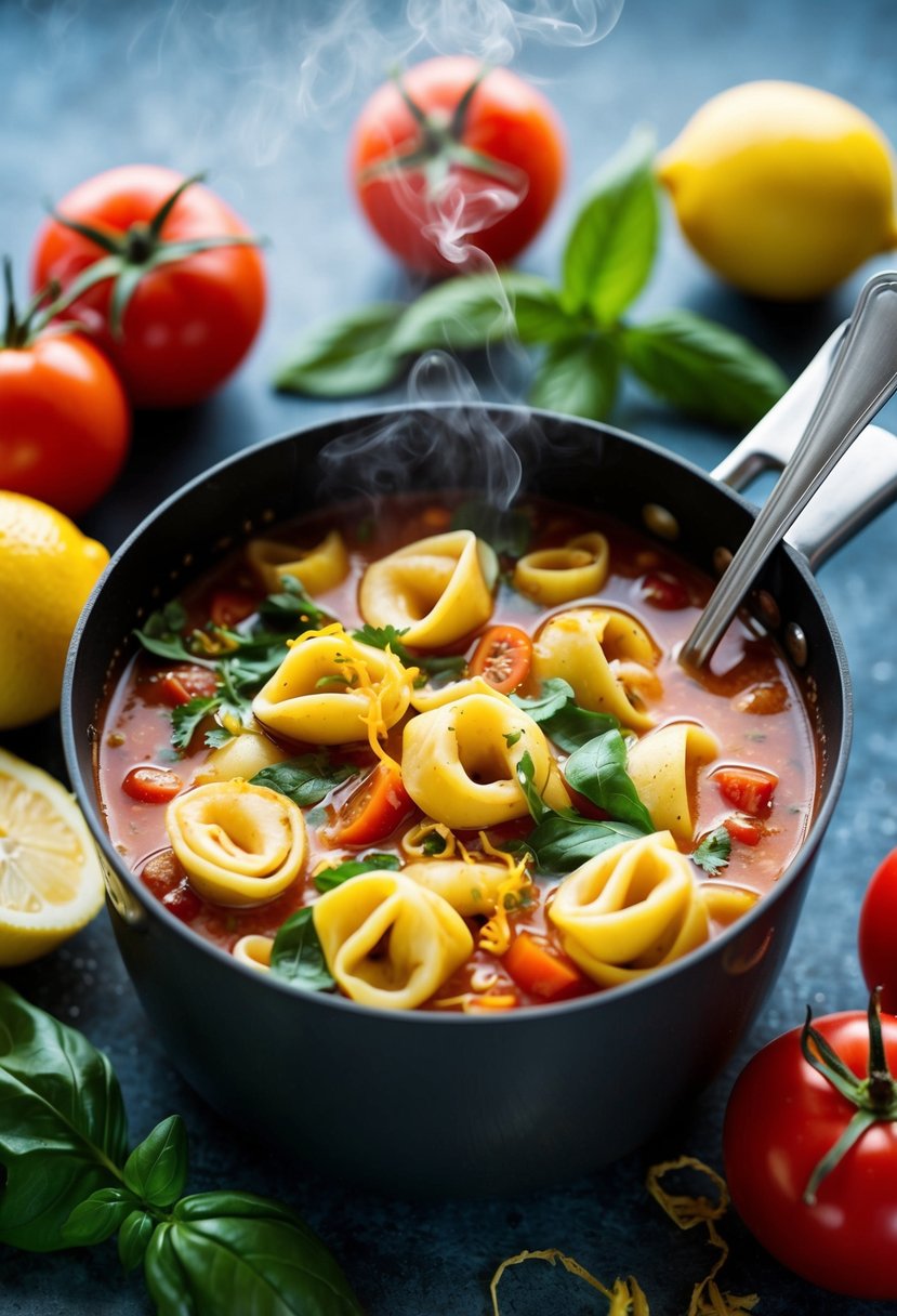 A steaming pot of tortellini soup surrounded by vibrant ingredients like tomatoes, basil, and lemon, with a twist of zest added to the mix