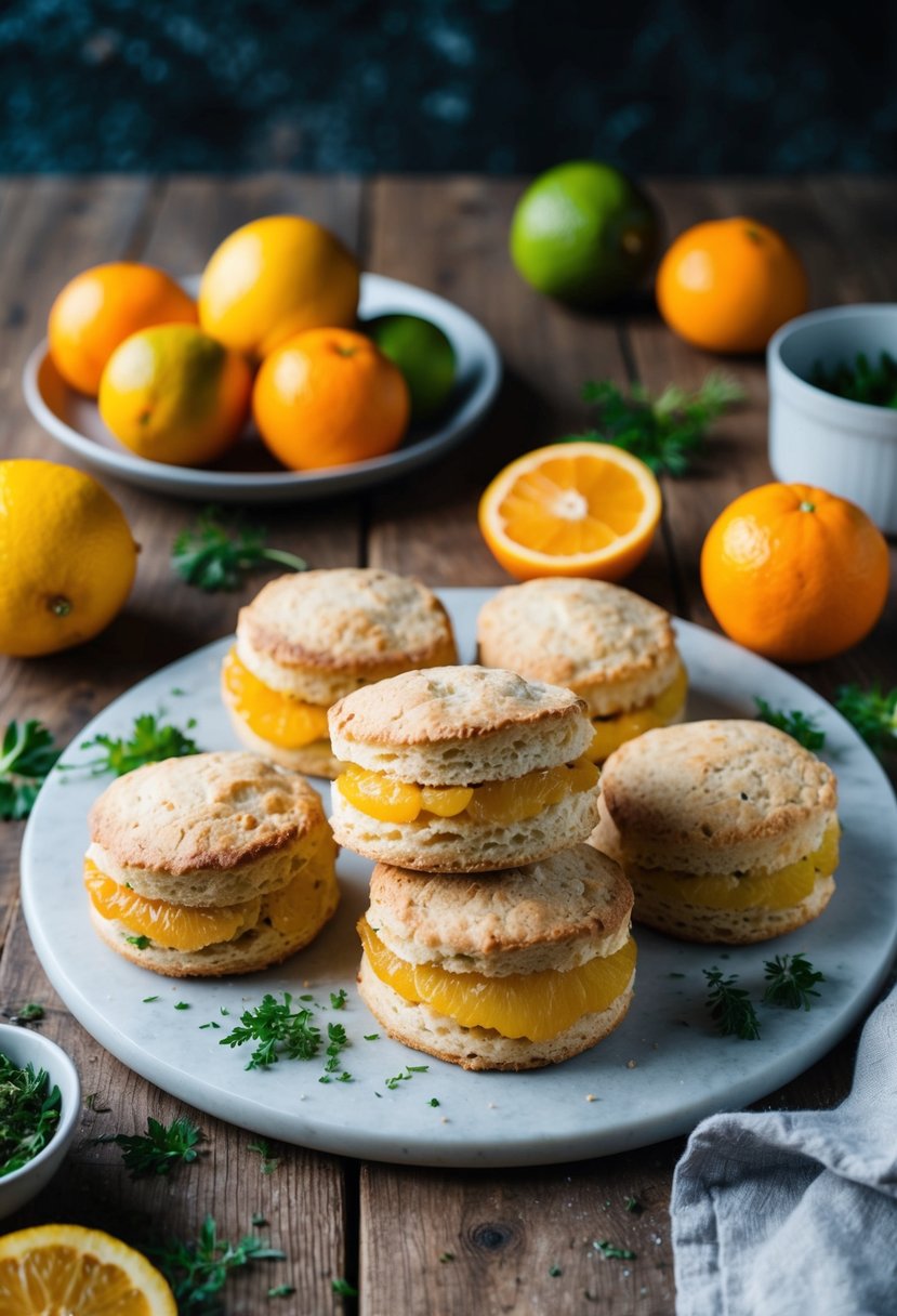 A rustic kitchen table with freshly baked golden sourdough scones surrounded by vibrant citrus fruits and a scattering of zesty herbs