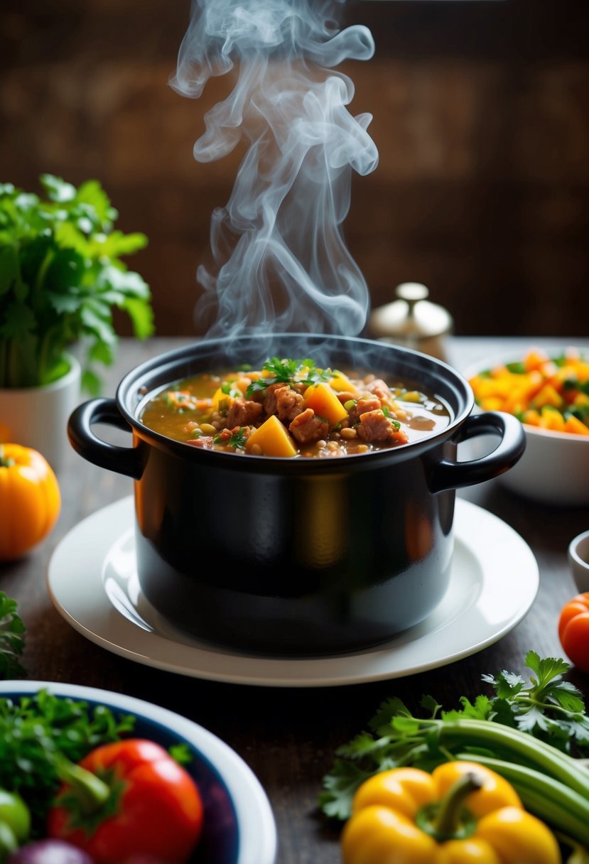 A table set with a steaming pot of Hoppin' John, surrounded by colorful vegetables and herbs