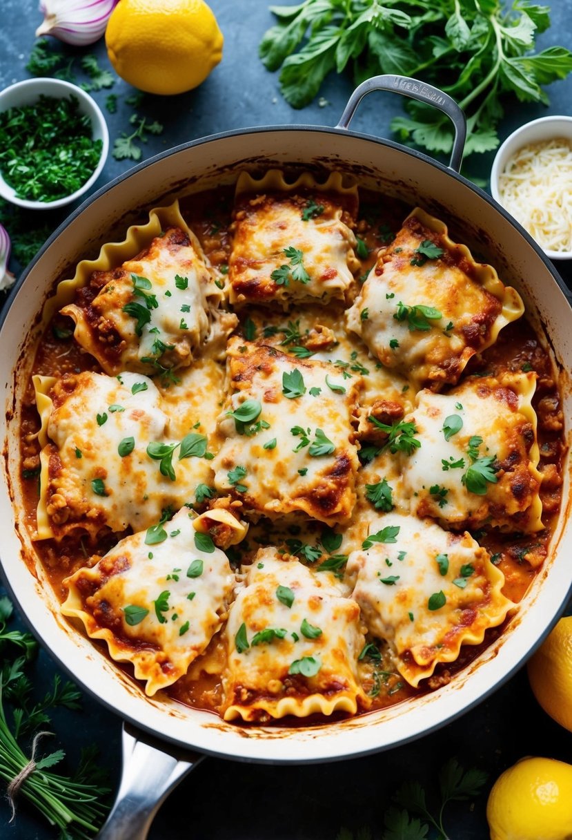 A bubbling pan of creamy chicken lasagna, surrounded by vibrant zesty ingredients and herbs