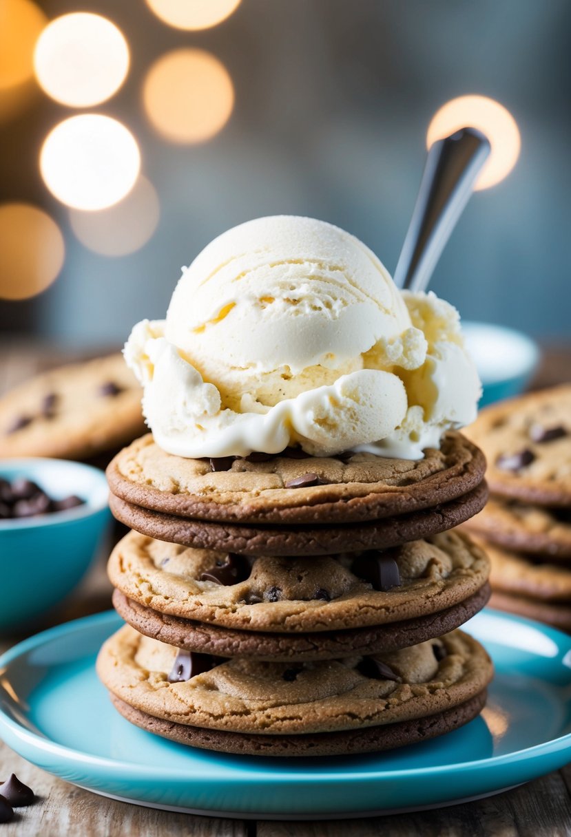 A stack of chocolate chip cookies surrounds a scoop of vanilla ice cream, creating a mouthwatering ice cream sandwich